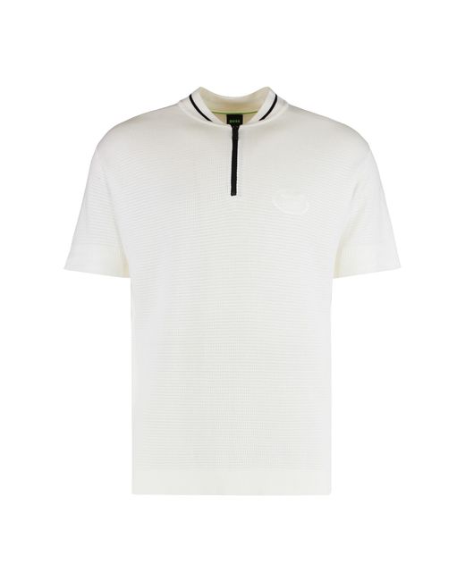 Boss White Cotton Blend Polo With Zipper Collar Lyocell Shirts for men