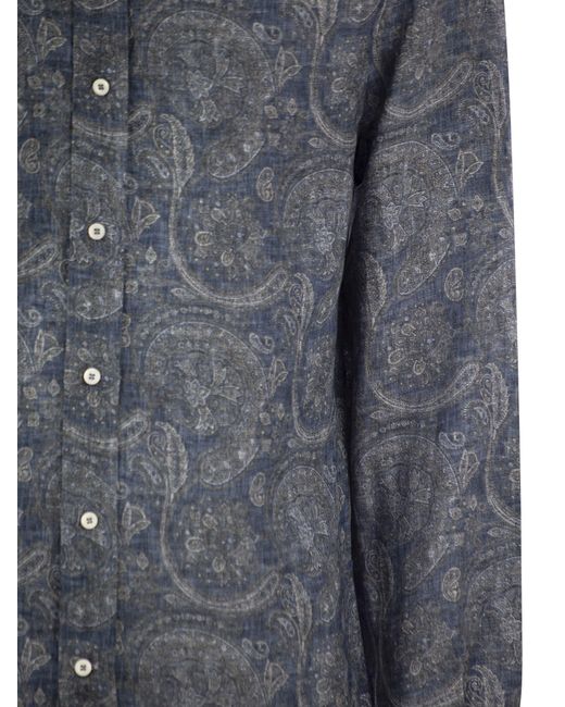 Brunello Cucinelli Gray Paisley Linen Slim Fit Shirt for men