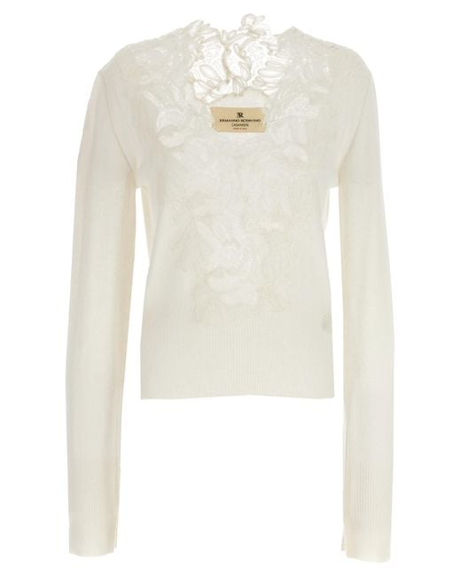 Ermanno Scervino White Cashmere V-Neck Lace Insert Sweater