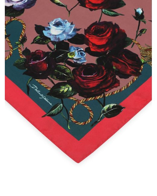 Dolce & Gabbana Red Twill Scarf With Vintage Rose (90 X 90)