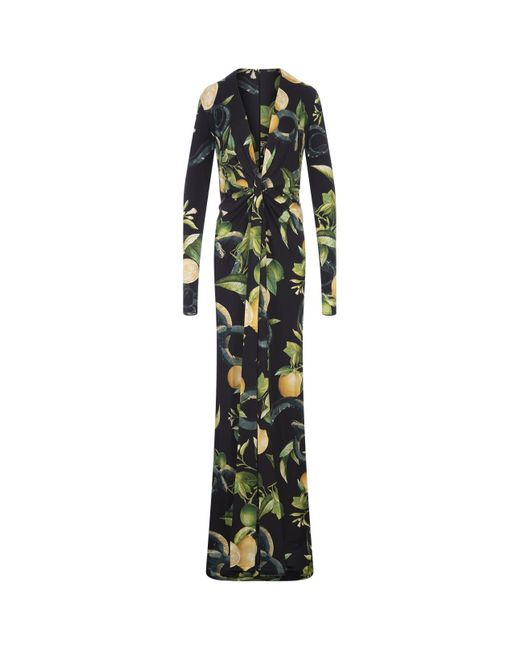 Roberto Cavalli Black Long Dress With Lemons Print