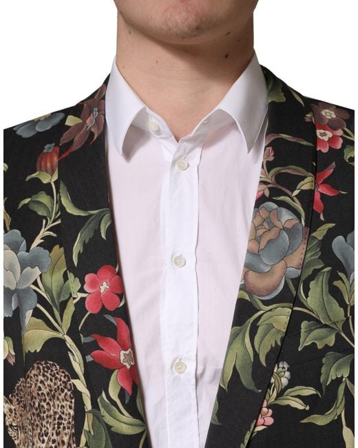 Dolce & Gabbana Black Floral Leopard 1 Button Suit Jacket Elastane Virgin Wool for men