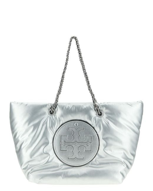 Tory Burch Gray Ella Metallic Puffy Chain Tote Bag