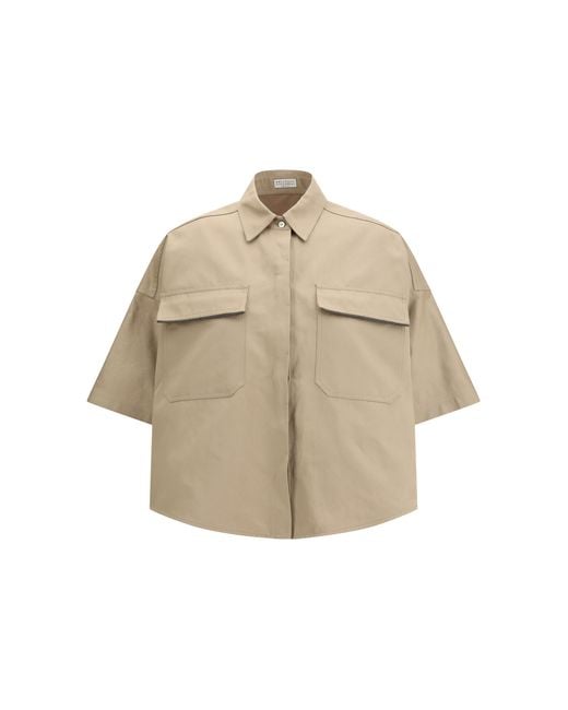 Brunello Cucinelli Natural Short-Sleeve Shirt Cotton; Linen