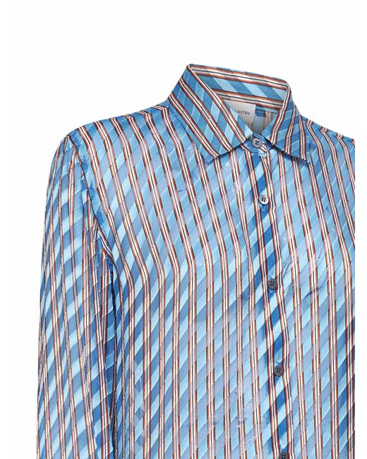 Dries Van Noten Blue Devoré Viscose And Silk Striped Shirt