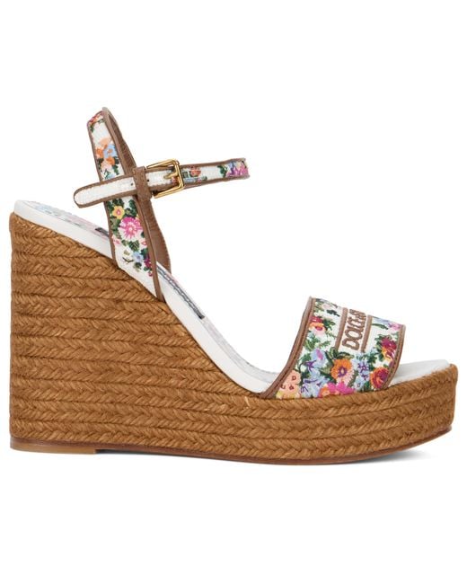 Dolce & Gabbana Brown Wedge Sandals With Majolica Print Goat Leather