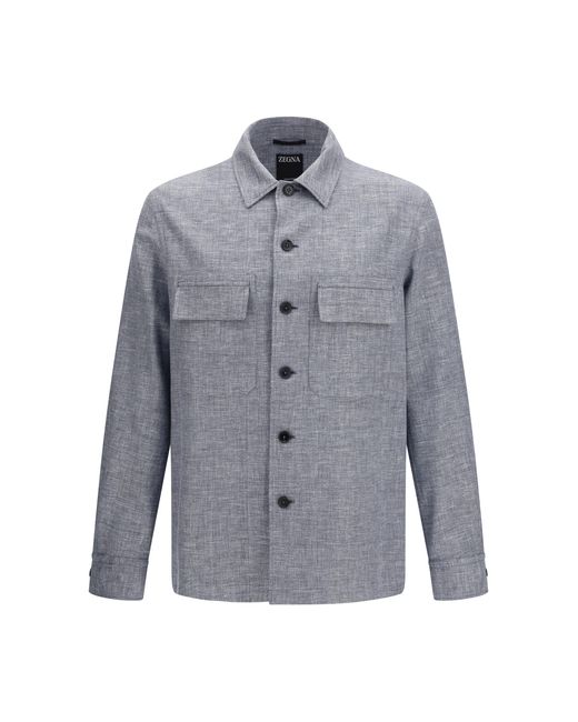 Zegna Blue Crossover Shirt Jacket Linen Wool And Silk for men