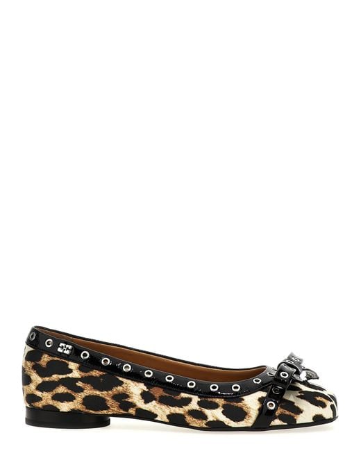 Ganni Brown Leopard Eyelets Bow Ballet Flats