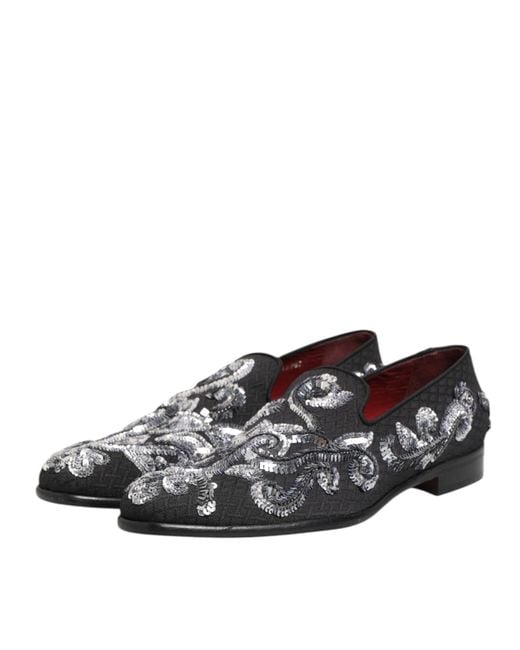 Dolce & Gabbana Black Silver Sequined Loafers Men Dress Shoes for men
