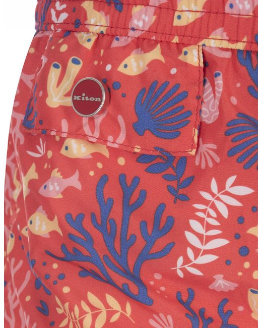 Kiton Red Swim Shorts With Fish And Coral Pattern for men