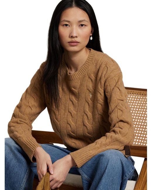 Polo Ralph Lauren Natural Camel Cable-Knit Wool And Cashmere Crewneck Sweater With Pony Embroidery