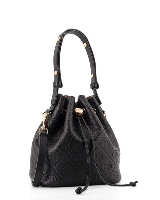 Tory Burch Black T Monogram Pebble Leather Bucket Bag