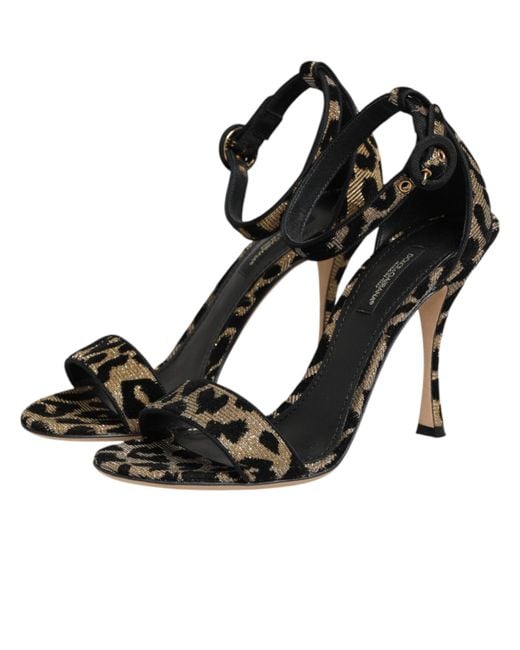 Dolce & Gabbana Black Gold Leopard Ankle Strap Heels Sandals Shoes