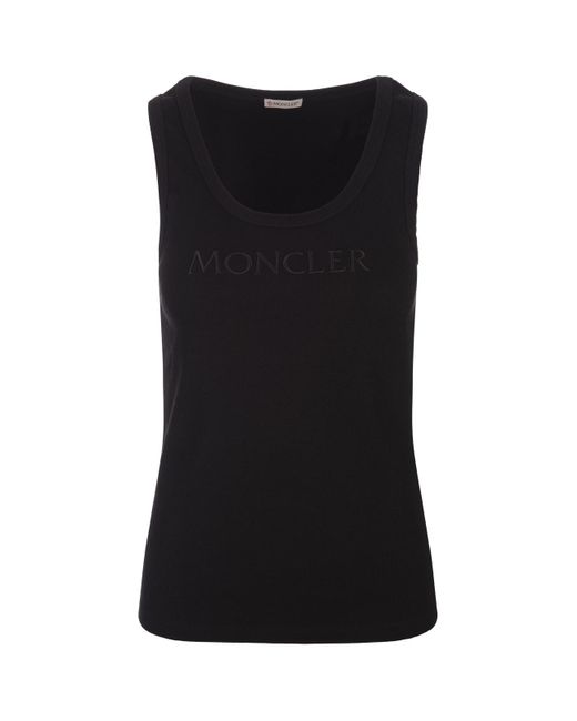 Moncler Black Ribbed Top With Logo In Tone