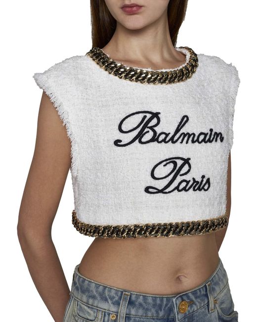 Balmain White Logo-embroidered Cropped Tweed Top