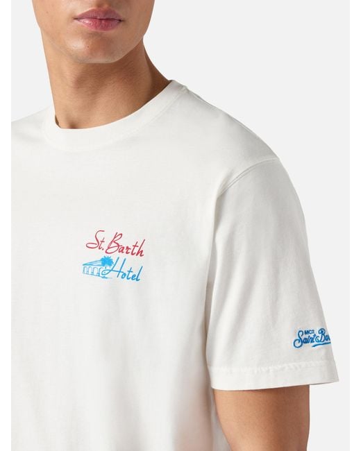 Mc2 Saint Barth White Cream Portland T-Shirt With St. Barth Hotel Print for men