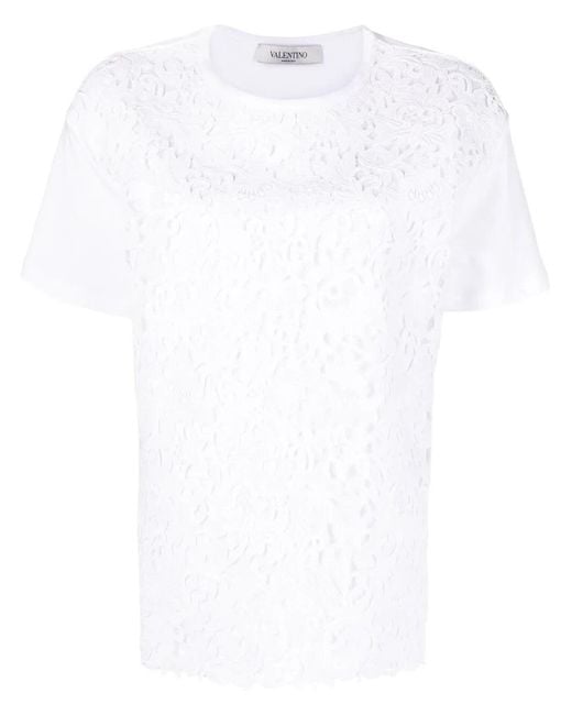 Valentino White Logo Print Lace-Panel T-Shirt