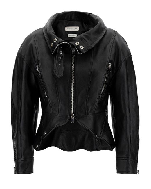 Alexander McQueen Black Biker Jacket With Zip And Cut-out In Smooth Leather