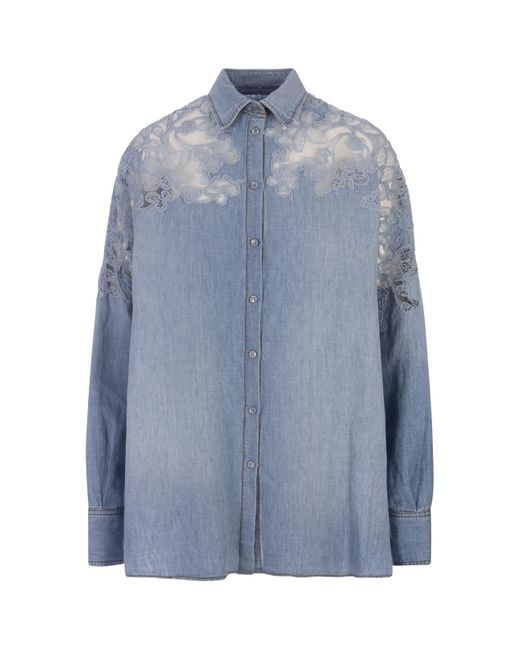 Ermanno Scervino Blue Linen And Cotton Over Shirt With Lace