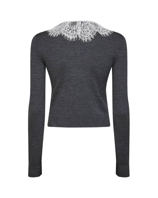 Self-Portrait Black Wool Knit Cardigan With Lace Collar