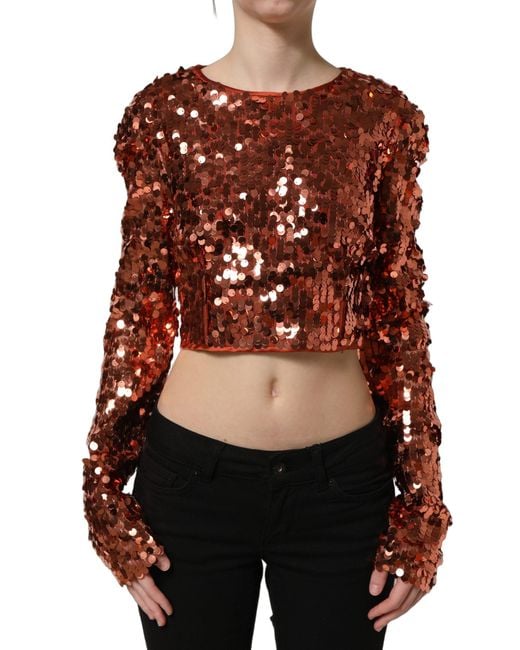 Dolce & Gabbana Black Sequined Long Sleeves Crop Blouse Top Nylon