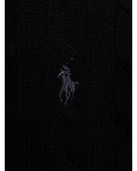 Polo Ralph Lauren Black Turtleneck In Cable Wool And Cashmere Knit With Contrast Logo Embroidery On The Chest Man for men