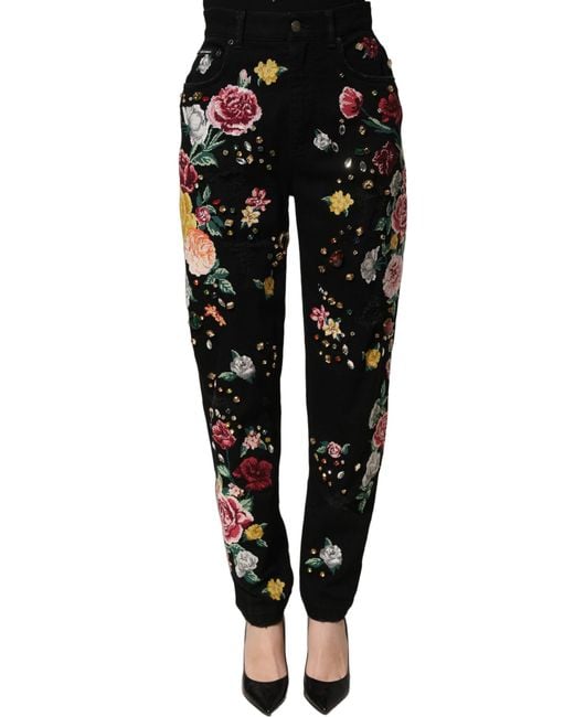 Dolce & Gabbana Black Floral Cotton High Waist Tapered Pants Elastane