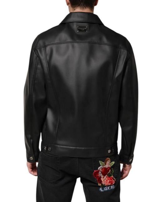 Dolce & Gabbana Black Polyester Button Down Biker Jacket Paper Elastane Clothing for men
