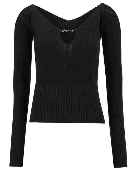 Jacquemus Black Long Sleeve Top With Logo Detail And Cut-Out