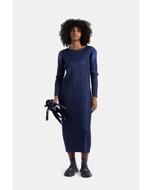 Pleats Please Issey Miyake Blue Pleated Long-Sleeved Midi Dress