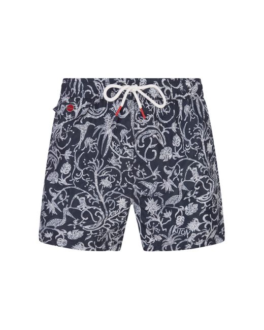 Kiton Blue Swim Shorts With Fantasy Print for men