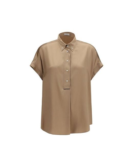 Brunello Cucinelli Brown Beige Silk Shortsleeve Shirt