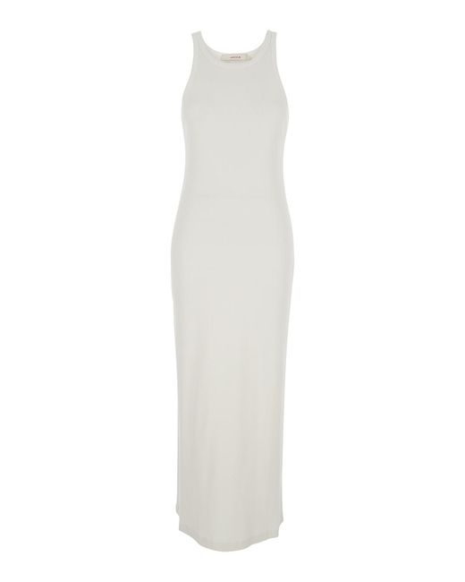 Jucca White Long Dress With Round Neck And Ribbed Design