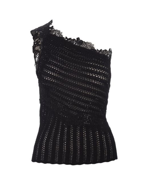 Ermanno Scervino Black Cotton Top With Lace And Crystals