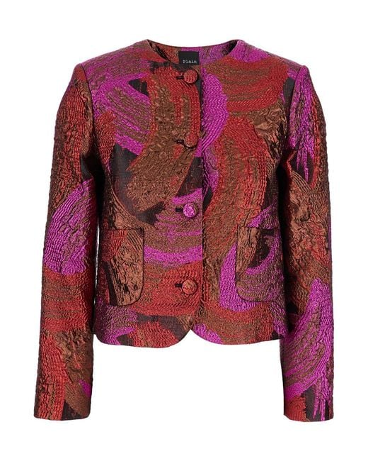 Le Plain Red Fuchsia Collarless Jacket With All-Over Broccato Motif