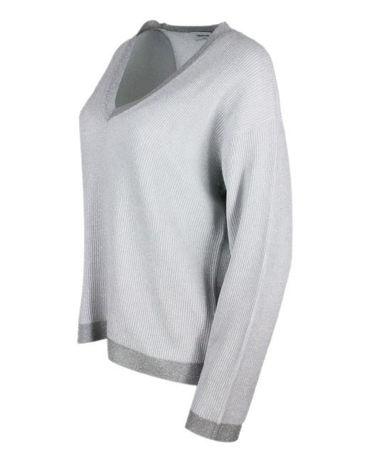 Fabiana Filippi Gray V-Neck Cotton Blend Sweater Embellished With Lurex Rows With Contrasting Color Edges