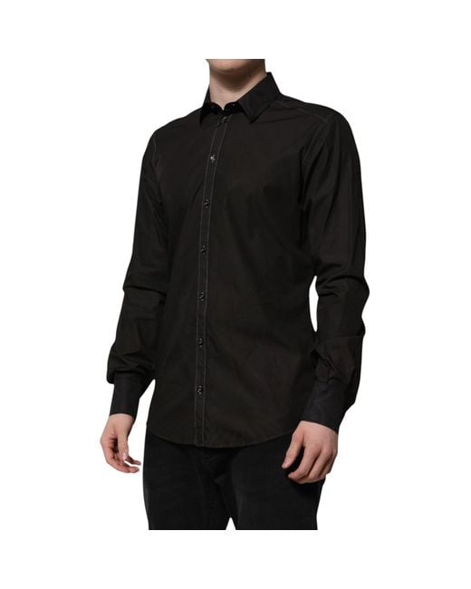Dolce & Gabbana Black Cotton Jacquard Collar Dress Shirt for men