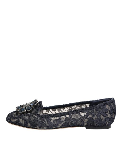 Dolce & Gabbana Black Taormina Lace Crystals Flats Shoes