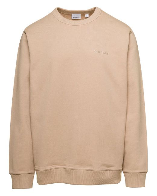 Burberry Natural Beige Crewneck Sweatshirt With Logo Embroidery And Equestrian Knight Print In Cotton for men