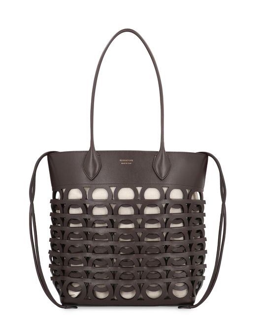 Ferragamo Black Tote Bag Gancini M Calf Leather; Lining: Linen