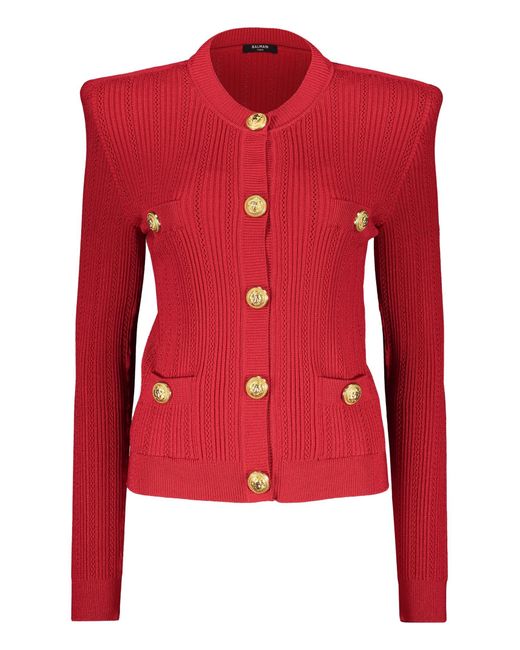 Balmain Red Embellished Button Cardigan