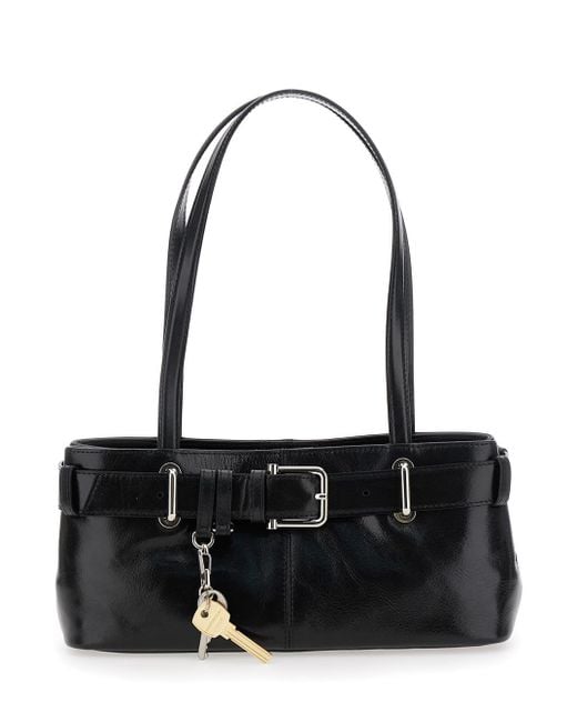 OSOI Black Brocle Shoulder Bag With Belt And Pendant Key Details