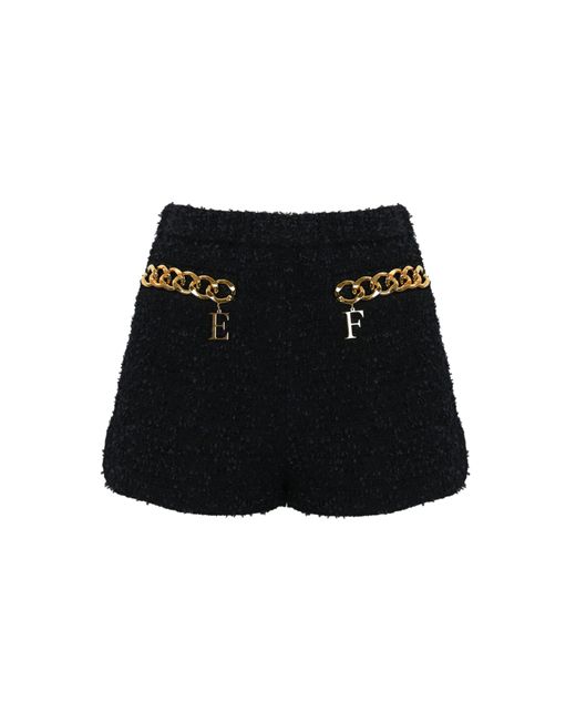 Elisabetta Franchi Black Tweed Shorts With Logo Chain