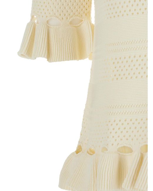 Twinset White Sweater With Ruffles And Perforated Design