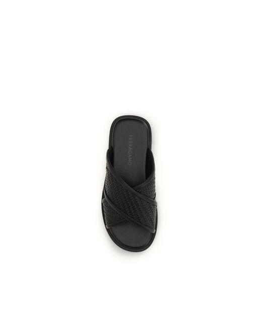 Ferragamo Black Calf Leather Bos Taurus Flat Sandals for men