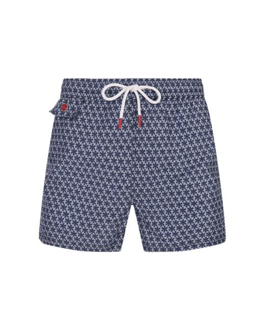 Kiton Blue Swim Shorts With Geometric Floral Pattern for men