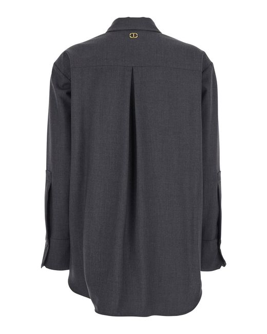 Twinset Gray Shirt With Classic Collar And Logo Plaque On The Rear