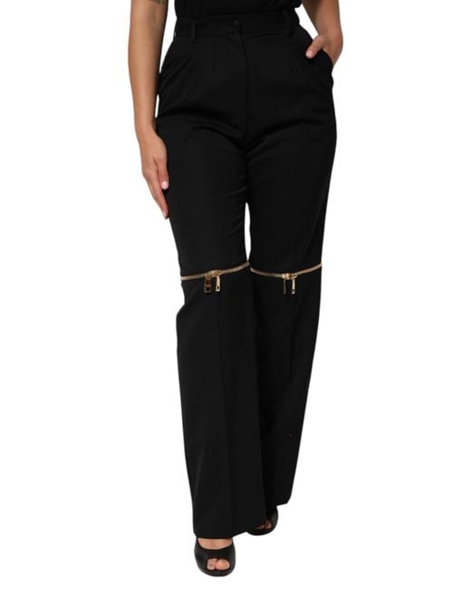 Dolce & Gabbana Black Wide Leg Pants Zipper Knee Detail