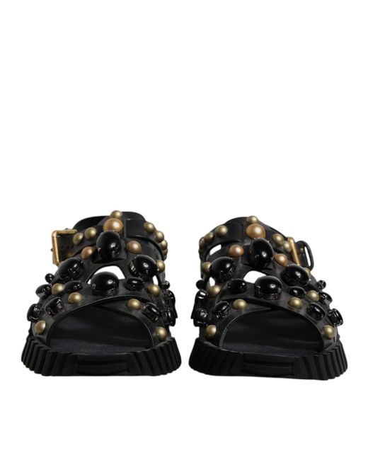 Dolce & Gabbana Black Leather Studded Slides Sandals Shoes Calfskin for men