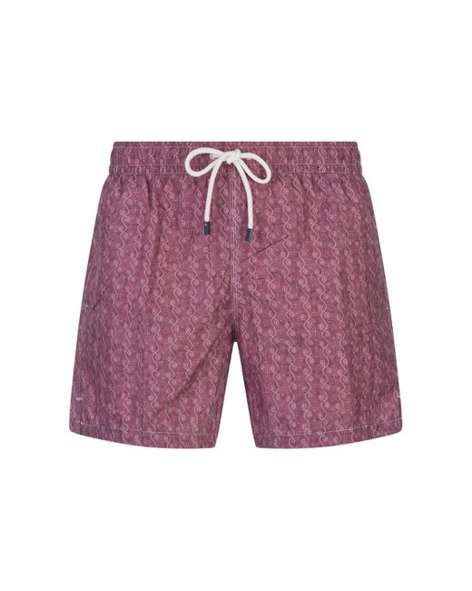 Fedeli Red Burgundy Swim Shorts With Dolphins Pattern for men